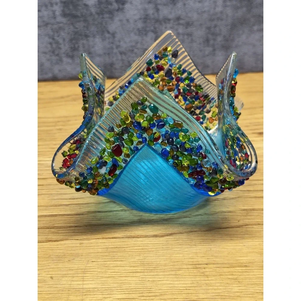 Handkerchief BOWL Vase Textured Art Glass Hand-Made‎ w/Confetti Glass Pieces